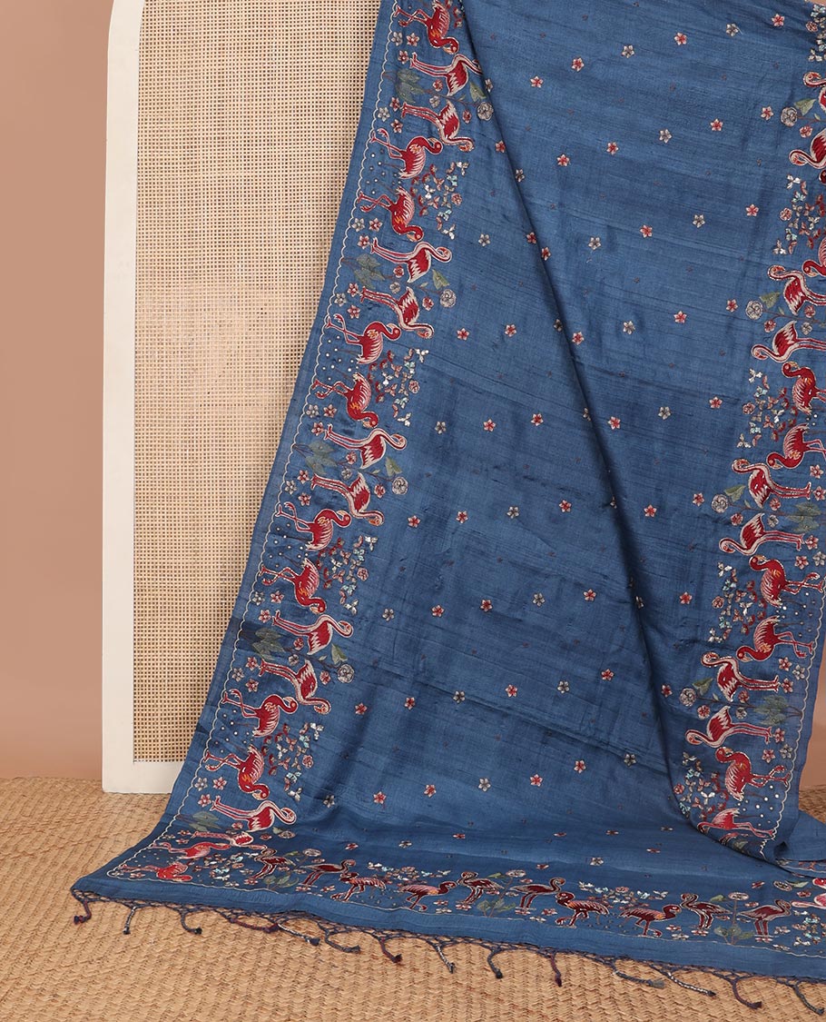 Blue motifs parsi embroidery tussar silk saree with self swan ebroidered border