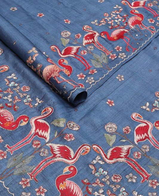 Blue motifs parsi embroidery tussar silk saree with self swan ebroidered border