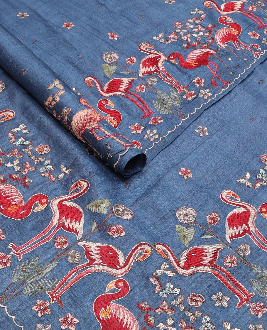 Blue motifs parsi embroidery tussar silk saree with self swan ebroidered border