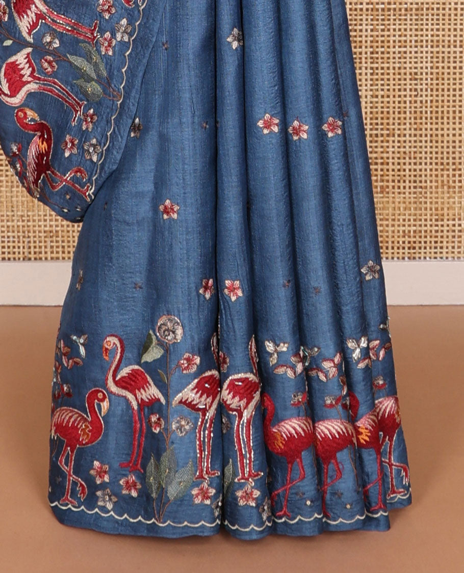 Blue motifs parsi embroidery tussar silk saree with self swan ebroidered border