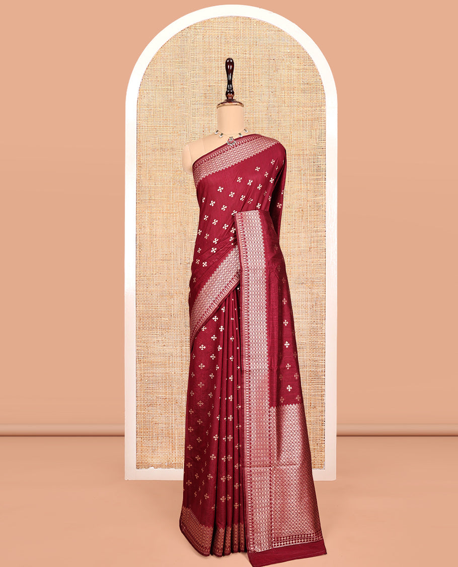 Red Matka Silk Saree, Woven with Buttas All Over Its Body, Highlighted by a Self-Border of Traditional Designs, Intricately Designed Pallu, and Paired with Matching Blouse