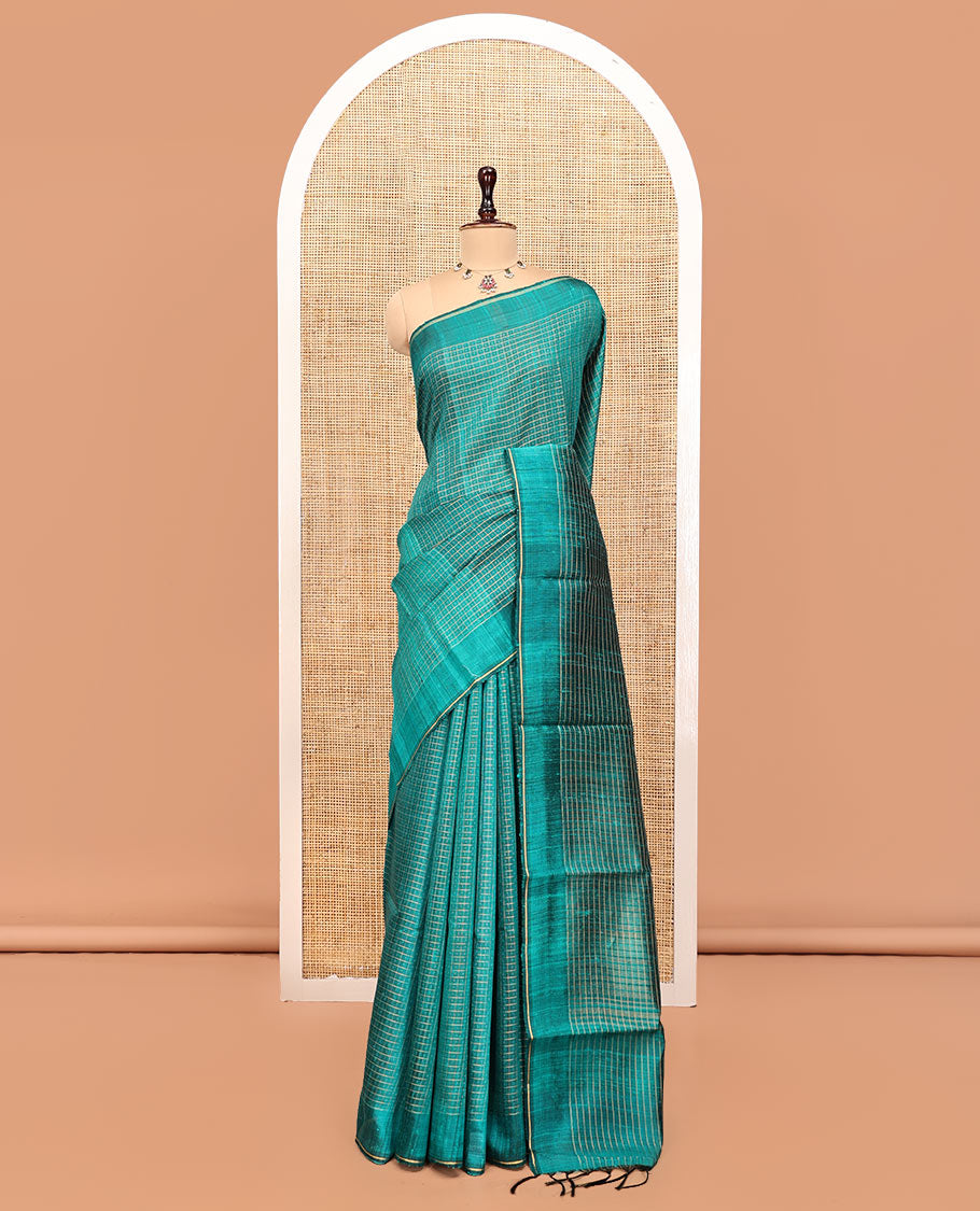 Green Tussar Silk Saree, Adorned with Butta Enclosed Checks, a Subtle Border, a Self-Pallu, and a Matching Blouse