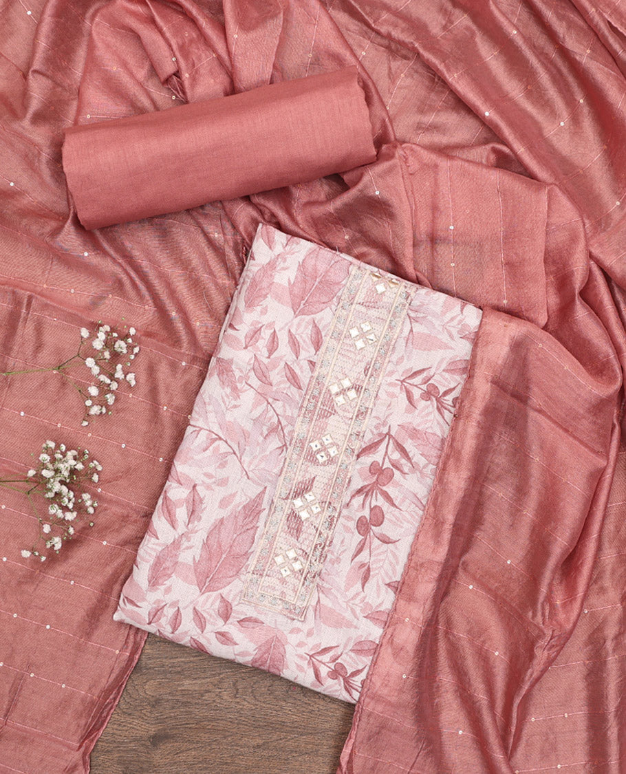 Pink Material Chudidar Set, Adorned with Abstract-Style Leaf Printed and Embroidery on Top, a Contrast Plain Bottom, and Paired with Sequins Striped Dupatta