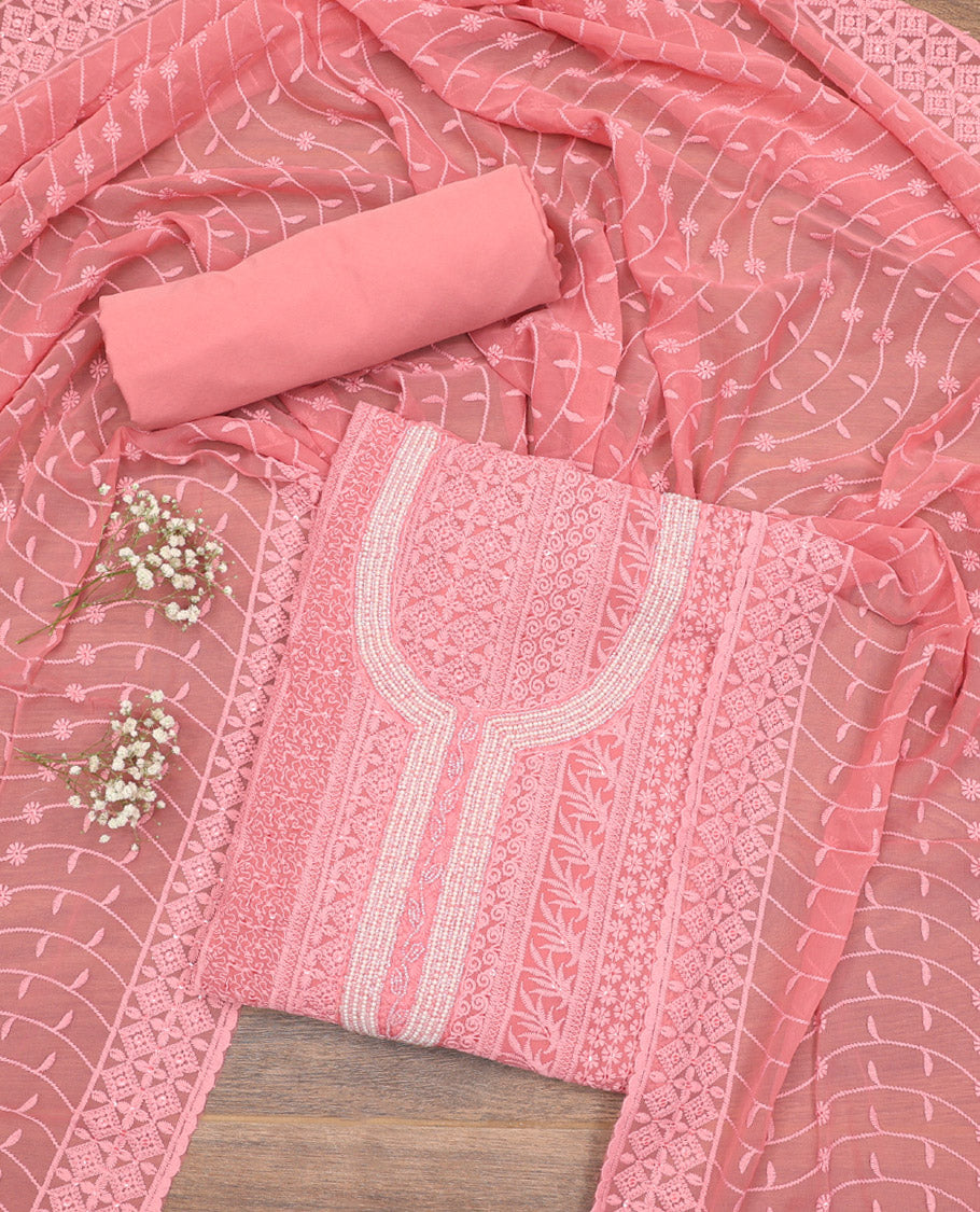 Pink Material Chudidar Set, Accentuated with Chikankari-Style Embroidery and Neck Work on Georgette Top, a Plain Santoon Bottom, and Paired with a Floral Vine Embroidery Georgette Dupatta