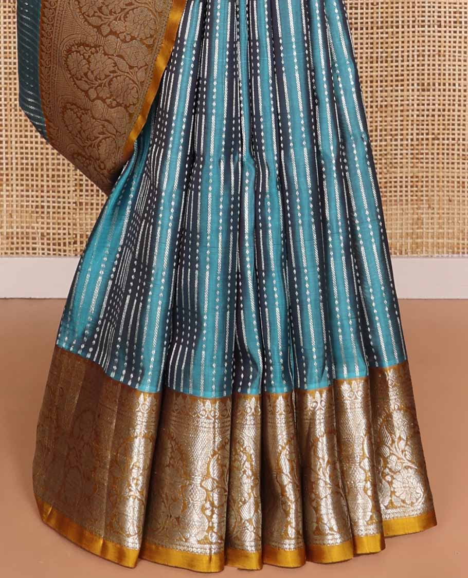 Blue striped design venkatagiri silk saree with contrast zari design pallu & argyle design pallu