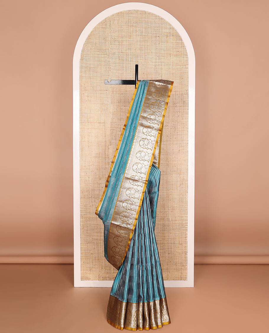 Blue striped design venkatagiri silk saree with contrast zari design pallu & argyle design pallu