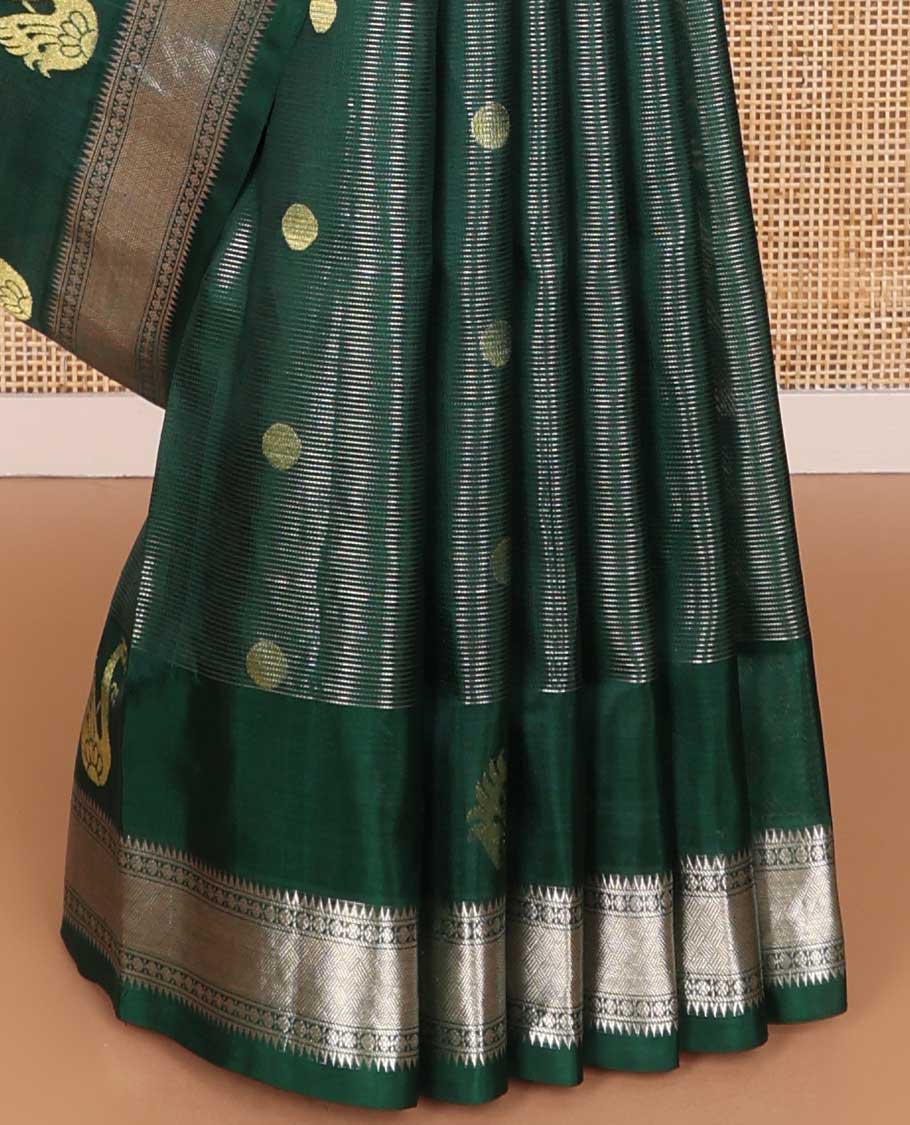 Dark green striped, round motifs venkatagiri silk saree with self zari design border & geometric design pallu