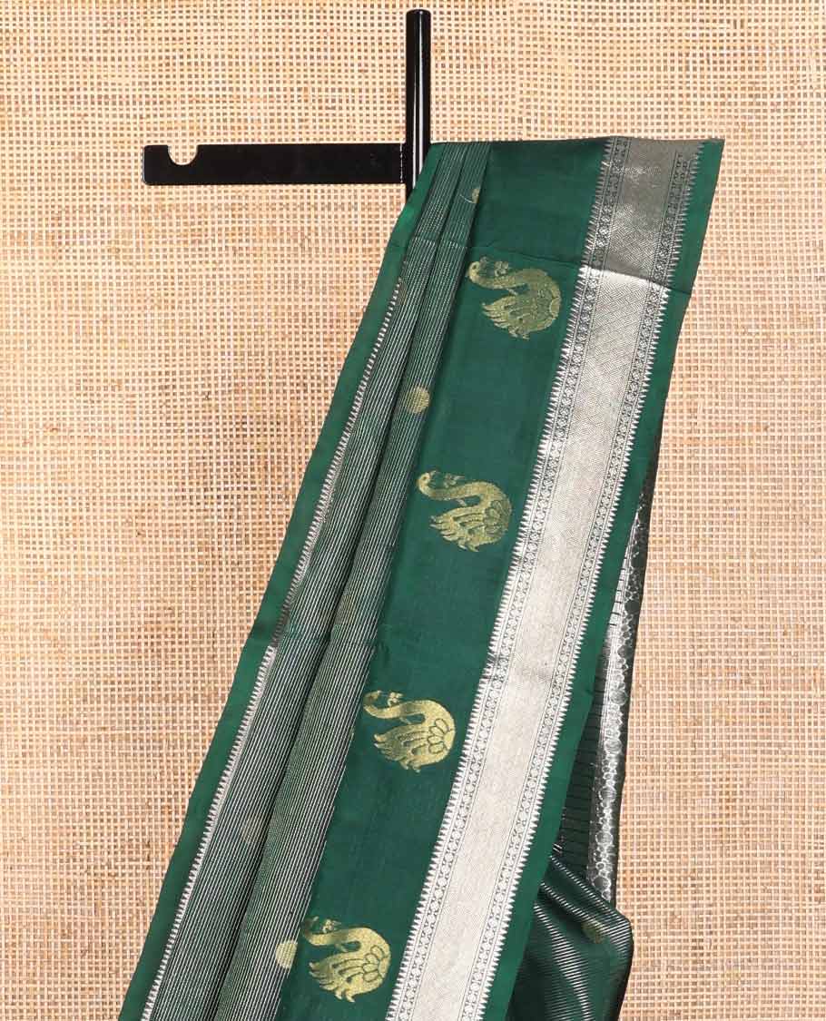 Dark green striped, round motifs venkatagiri silk saree with self zari design border & geometric design pallu
