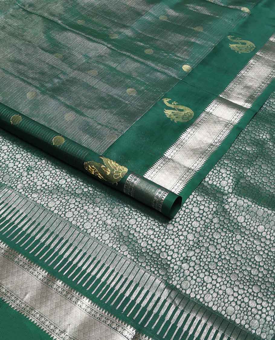 Dark green striped, round motifs venkatagiri silk saree with self zari design border & geometric design pallu