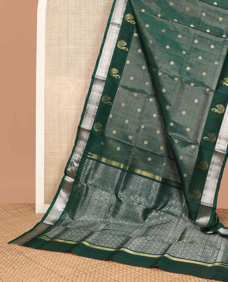 Dark green striped, round motifs venkatagiri silk saree with self zari design border & geometric design pallu