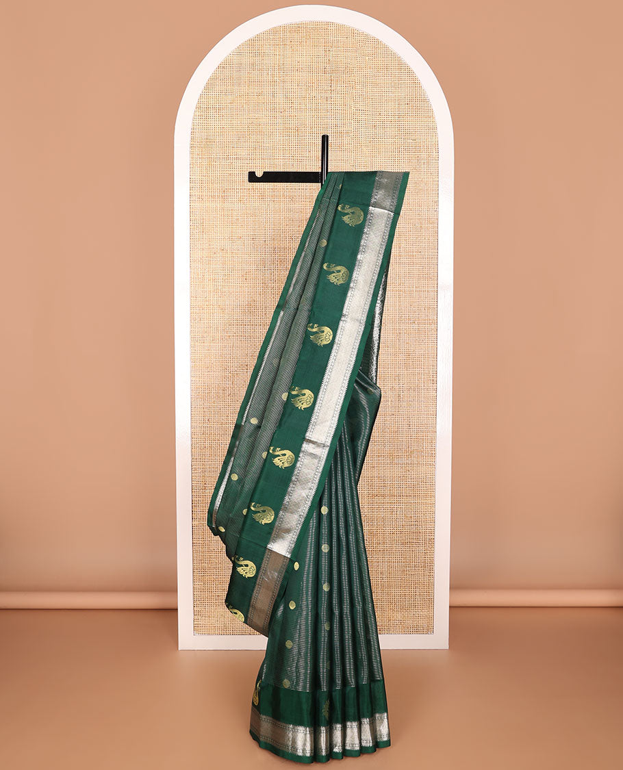 Dark green striped, round motifs venkatagiri silk saree with self zari design border & geometric design pallu