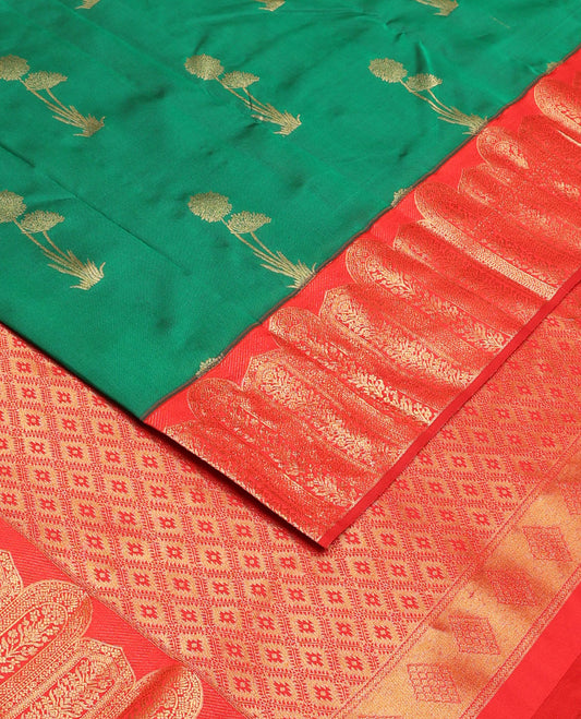 Green floral buttas vasundhara silk mix saree, contrast Mughal-style motifs woven border & pallu of ogee patterns