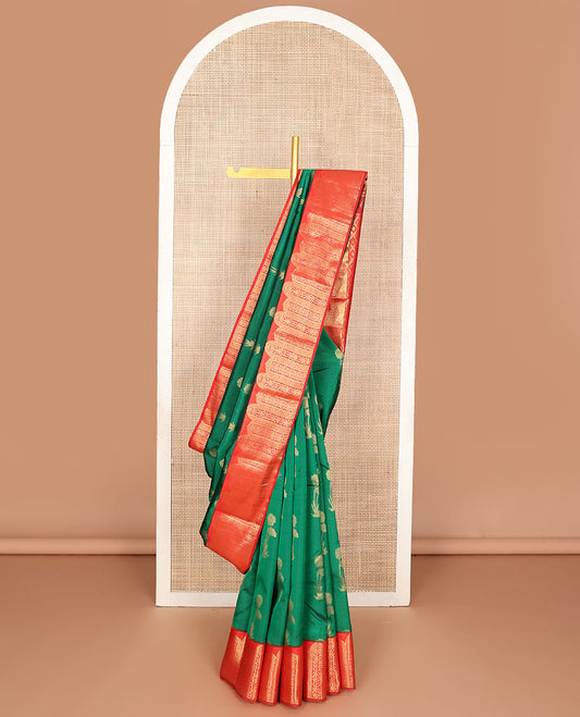 Green floral buttas vasundhara silk mix saree, contrast Mughal-style motifs woven border & pallu of ogee patterns