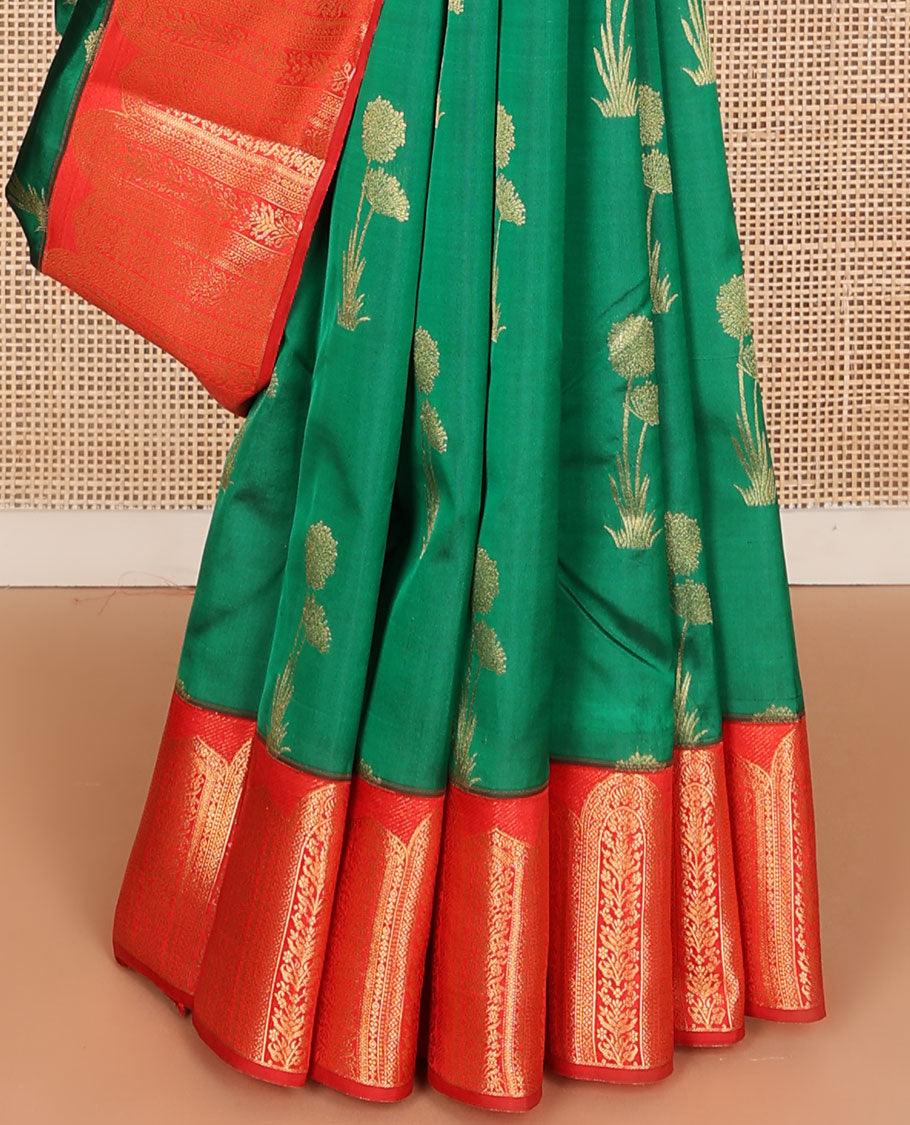 Green floral buttas vasundhara silk mix saree, contrast Mughal-style motifs woven border & pallu of ogee patterns
