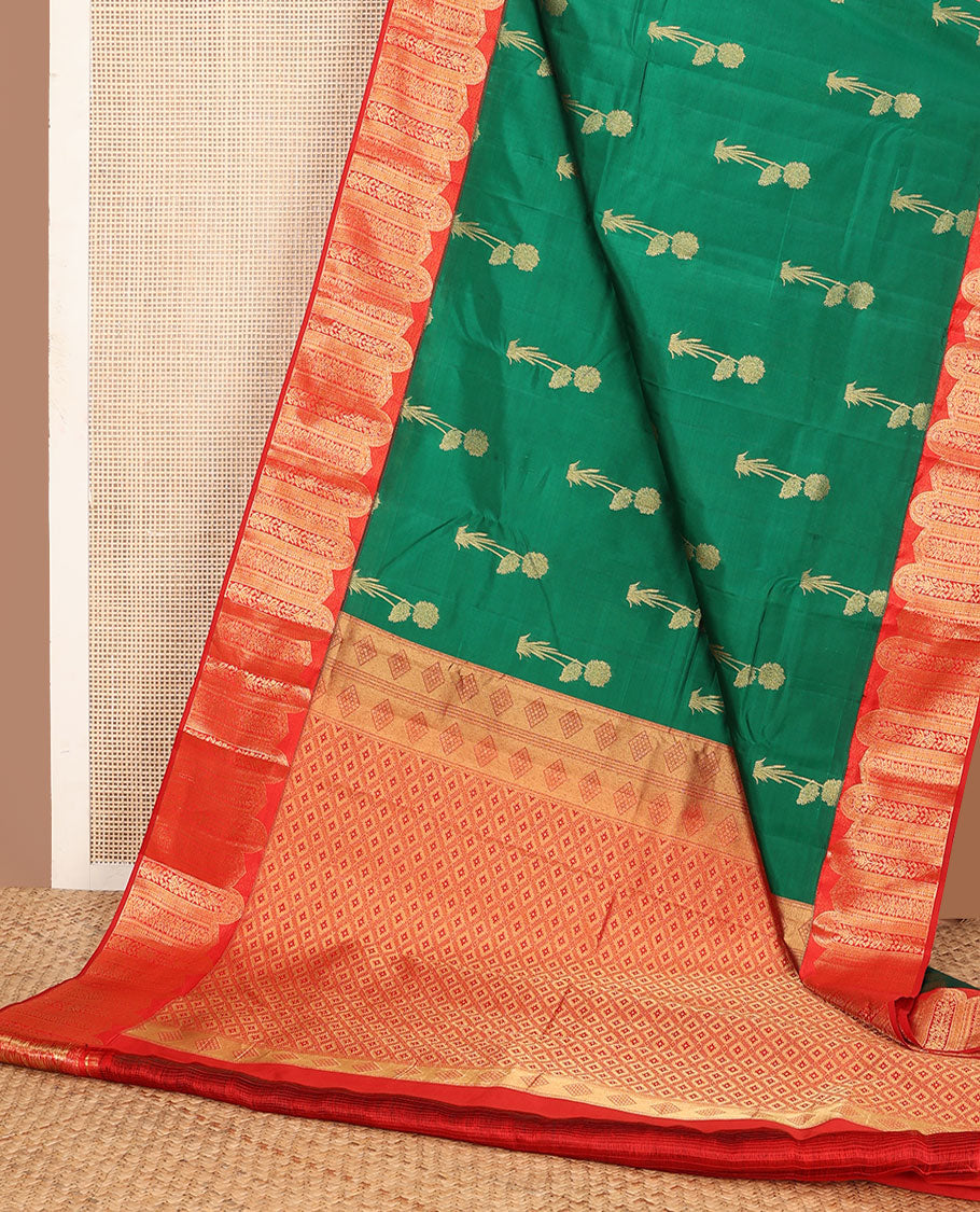 Green floral buttas vasundhara silk mix saree, contrast Mughal-style motifs woven border & pallu of ogee patterns