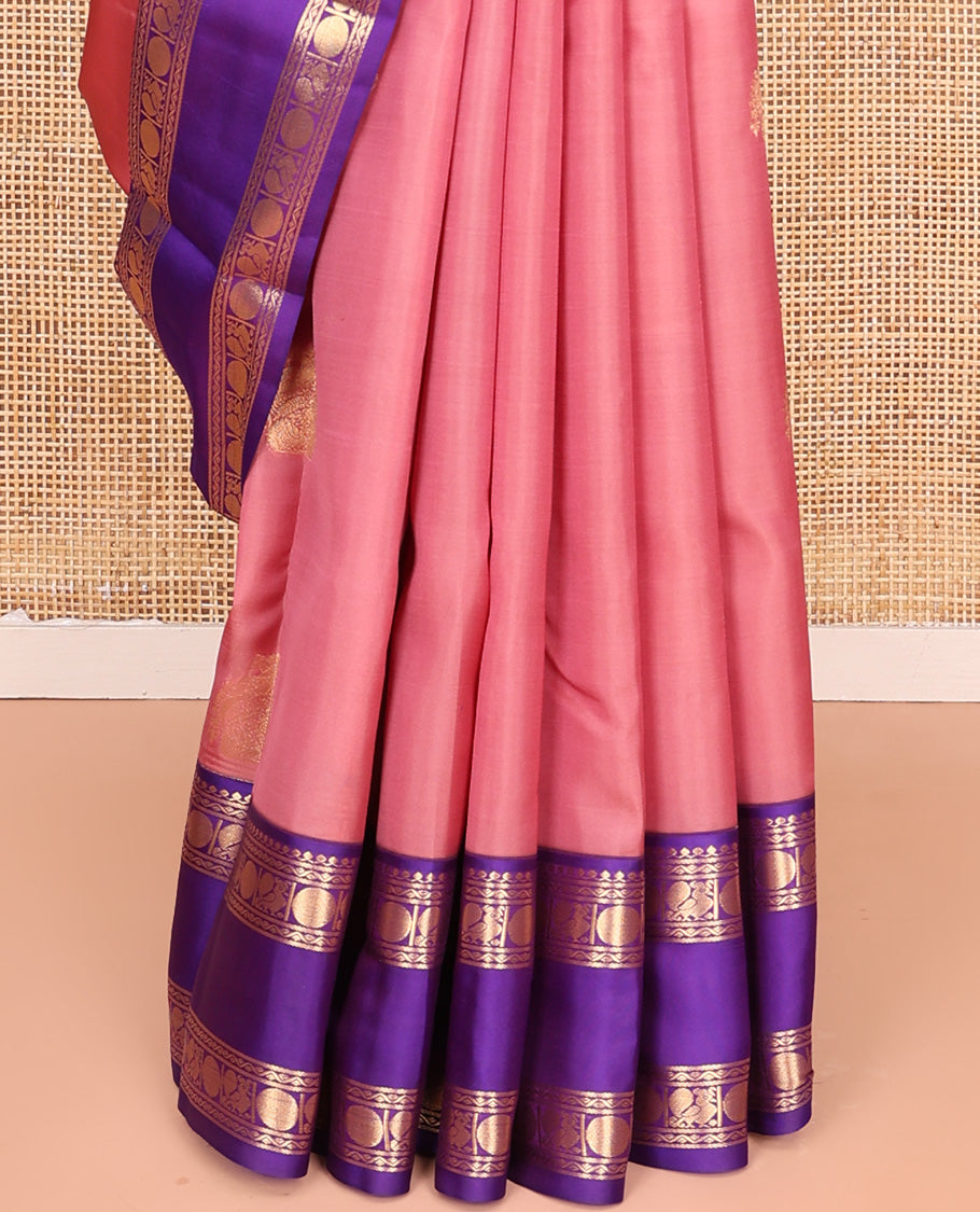 Pink Vasundhara Lite Silk Mix Saree, Adorned with Zari Buttas All Over Its Body, Complemented by Contrast Rettai Pettu Border of Thilakam Mokku, Neli, Poun, and Mayil Designs, and Zari Woven Pallu and Paired with a Contrast Blouse