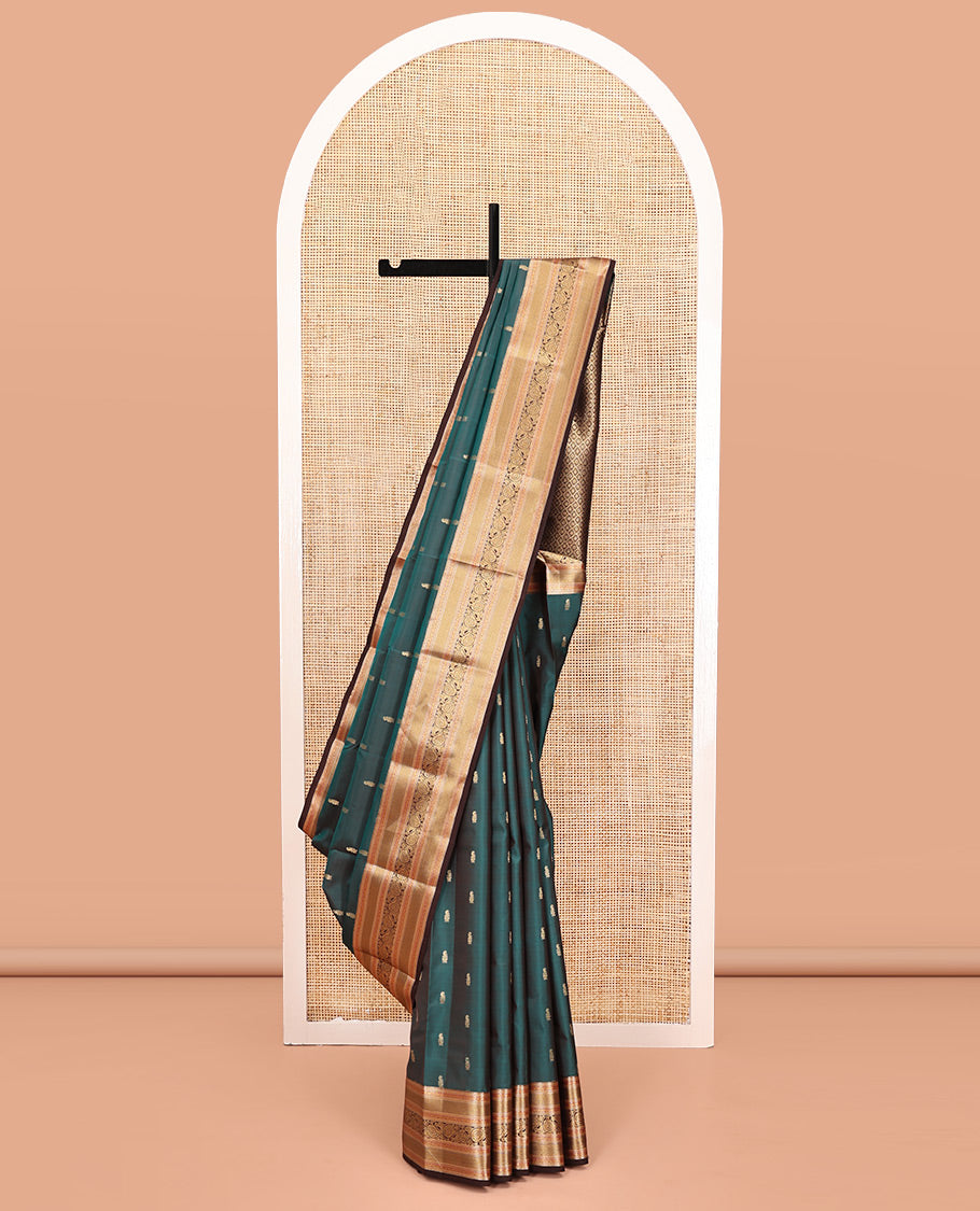 Blue Vasundhara Lite Silk Mix Saree, Detailed with Zari Buttas All Over Its Body, Complemented by Contrast Border of Rekku, Manga Mokku, and Kodi Visiry Designs, Grand Jaal Pallu and Paired with a Contrast Blouse