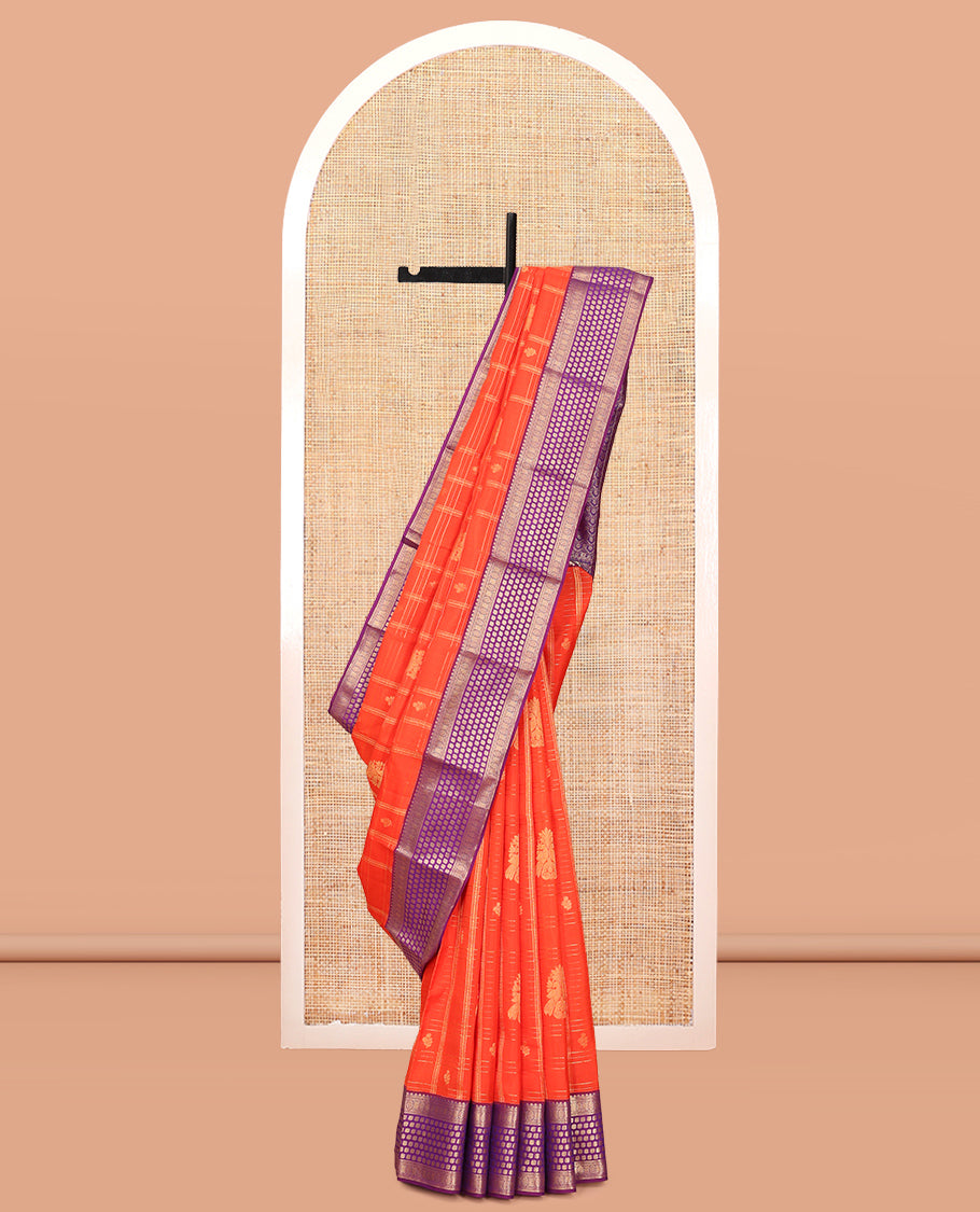 Orange Vasundhara Lite Silk Mix Saree, Graced with Zari Butta Enclosed Checks, a Contrast Traditional Border, Grand Pallu, and a Contrast Blouse