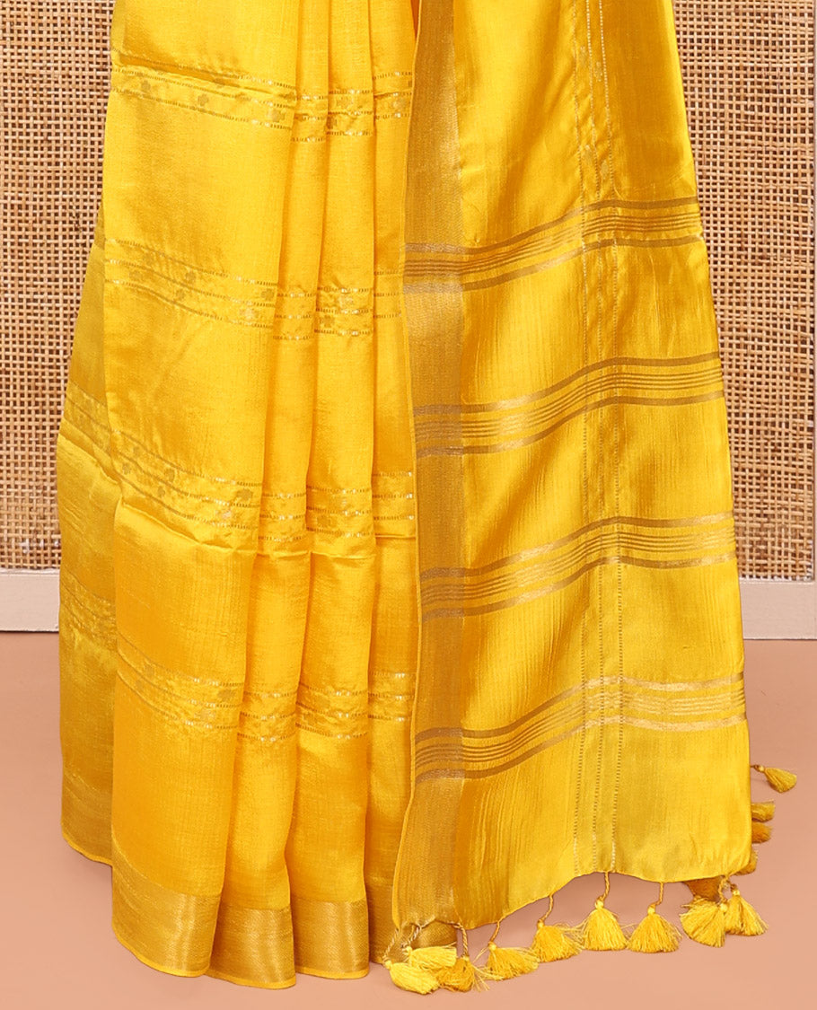 Yellow Banana Pith Saree, Sparsely Woven with Buttas and Stripes on Its Body, Subtly Zari Border, Pallu Steeped with Zari Stripes, and Paired with a Matching Blouse