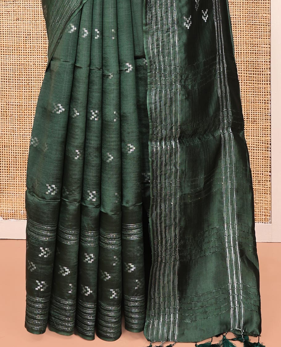 Green Banana Pith Saree, Subtly Sparkled with Buttas All Over Its Body, Highlighted by Self-Border, Pallu of Stripes, and Paired with a Matching Blouse