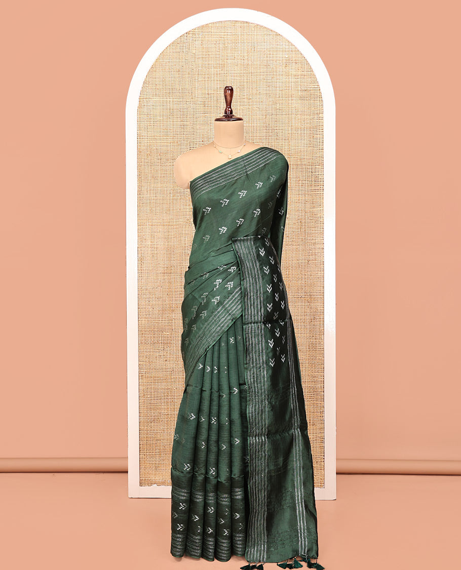 Green Banana Pith Saree, Subtly Sparkled with Buttas All Over Its Body, Highlighted by Self-Border, Pallu of Stripes, and Paired with a Matching Blouse