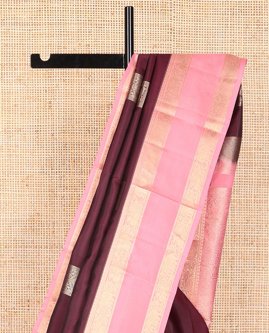 Brown geometric design silk saree with contrast rettai pettu yanaai design border & checkered floral design pallu