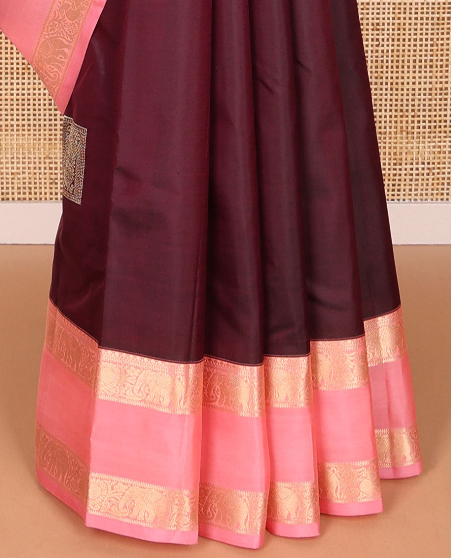 Brown geometric design silk saree with contrast rettai pettu yanaai design border & checkered floral design pallu