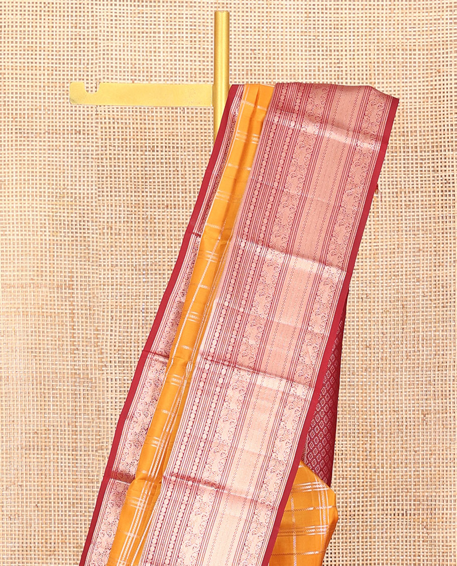 Orange Vasundhara Silk Saree Elevated with Zari Checks All Over Its Body, Complemented by a Contrast Border of Manga, Rudraksham, Yaali, Neli, and Muthu Designs, Zari Rich Jaal Pallu, and Paired with a Contrast Blouse