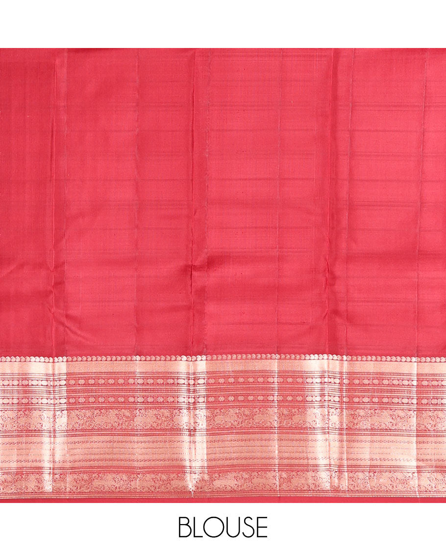 Orange Vasundhara Silk Saree Elevated with Zari Checks All Over Its Body, Complemented by a Contrast Border of Manga, Rudraksham, Yaali, Neli, and Muthu Designs, Zari Rich Jaal Pallu, and Paired with a Contrast Blouse