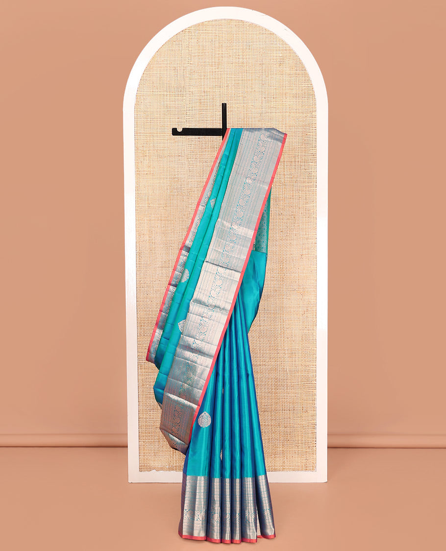 Blue Vasundhara Silk Saree, Accentuated with Zari Buttas on Its Body, Highlighted by a Zari Border of Rekku, Muthu, Diamond, and Kodi Visiry Designs, Grandly Woven Jaal Pallu, and Paired with a Matching Blouse