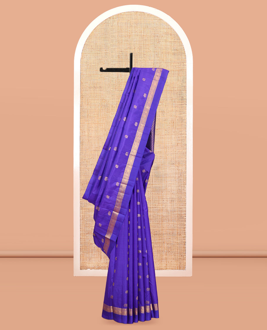 Violet Vasundhara Silk Saree, Elevated with Mayil and Yaanai Buttas, a Kal Eragina Border of Yaanai, and Neli Designs, Richly Woven Pallu, and a Matching Blouse
