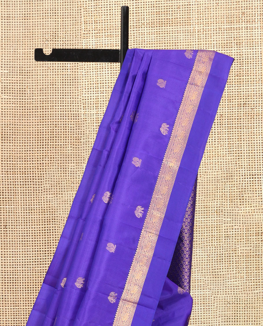 Violet Vasundhara Silk Saree, Elevated with Mayil and Yaanai Buttas, a Kal Eragina Border of Yaanai, and Neli Designs, Richly Woven Pallu, and a Matching Blouse