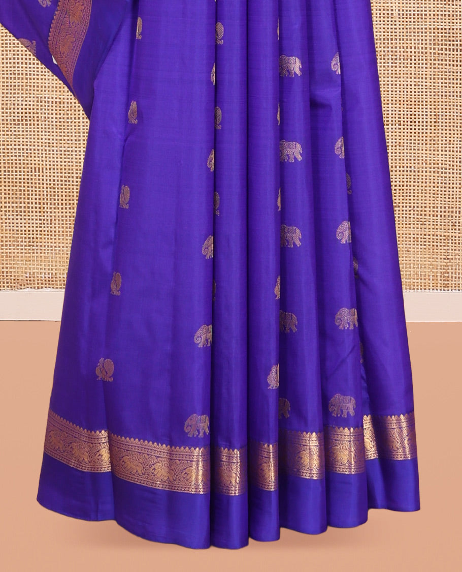 Violet Vasundhara Silk Saree, Elevated with Mayil and Yaanai Buttas, a Kal Eragina Border of Yaanai, and Neli Designs, Richly Woven Pallu, and a Matching Blouse