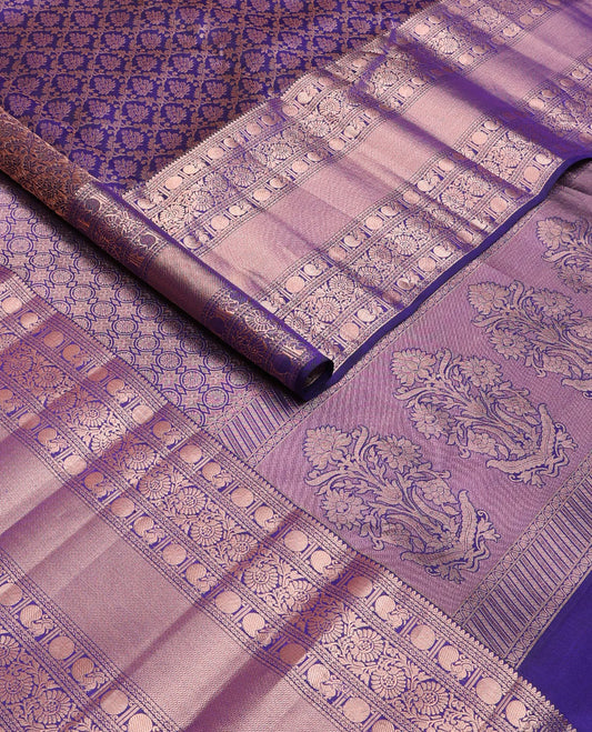 Blue jacquard wedding silk saree, zari border of thilakam, diamond,kodi visiry,rudraksham,mayil & mayil kann & chakram design pallu