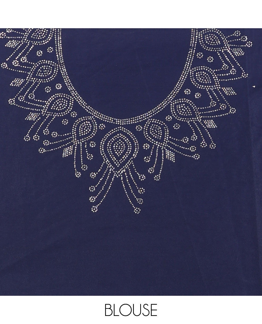 Baby blue lehenga set, gleaming jacquard with contrast geometric patterned border skirt, micro stone embroidered contrast blouse & stone work scallop dhavani