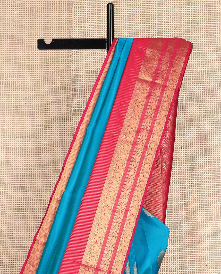 Blue zari buttas vasundhara silkmix saree, contrast mango design pallu & border of mayil, manga, yaanai & diamond design