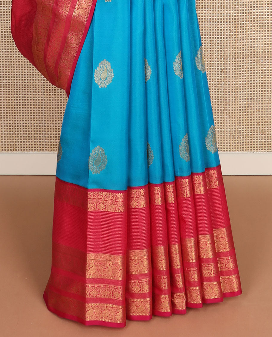 Blue zari buttas vasundhara silkmix saree, contrast mango design pallu & border of mayil, manga, yaanai & diamond design