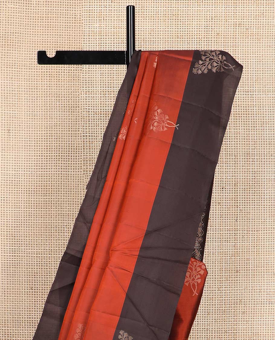 Orange floral zari buttas silk mix saree, contrast floral zari buttas border & pallu of jaal designs
