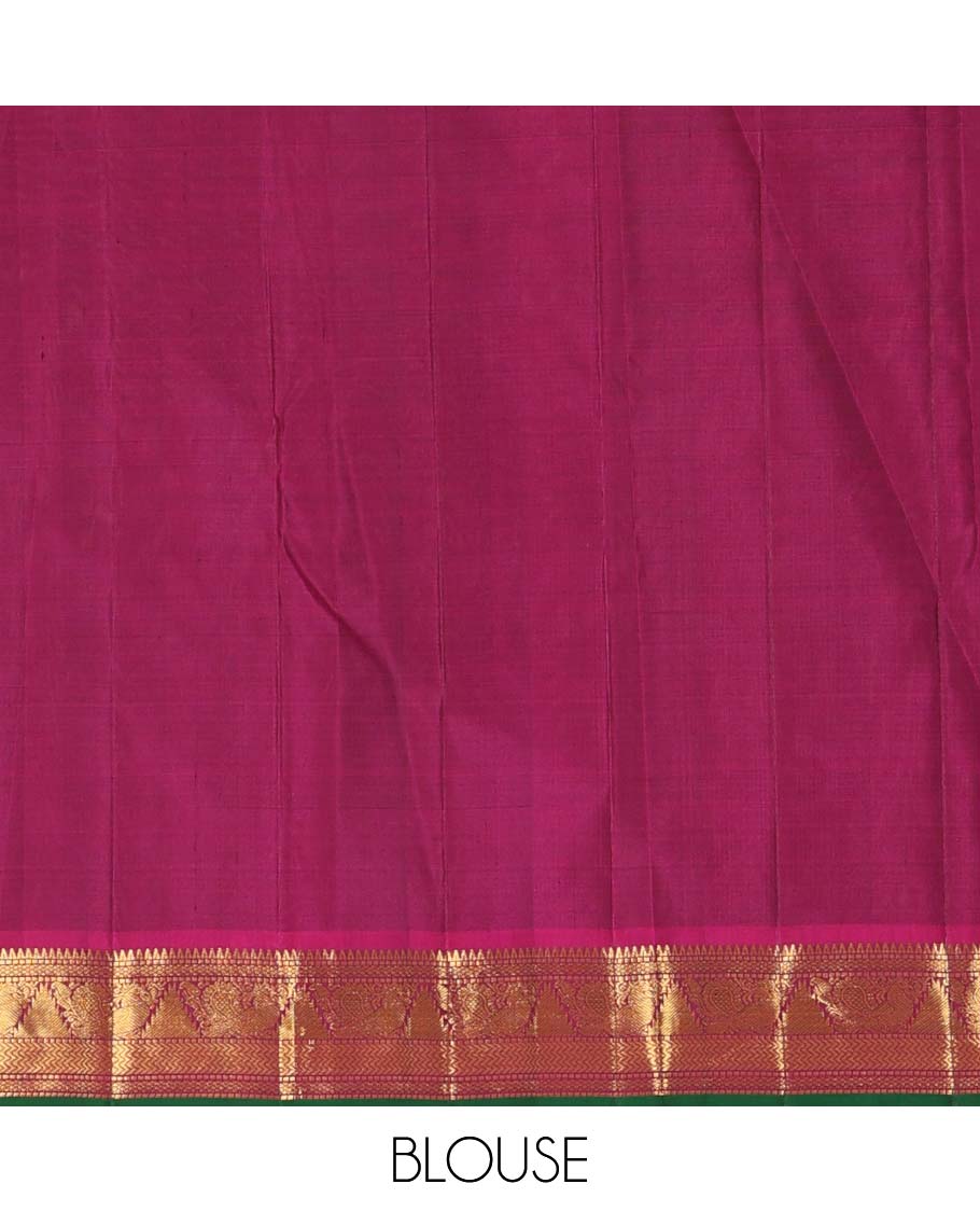 Blue buttas Kanchipuram silksaree, contrast border of rekku,muthu,mayil kann,thazampoo rekku, and mayil, and pallu of laddu kamalam, and mayil kann enclosed checks