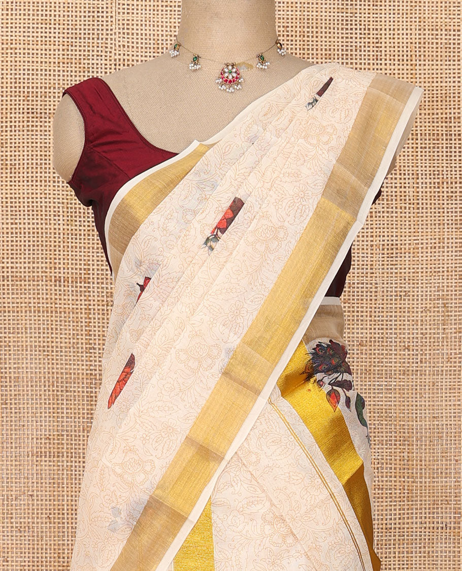 Cream all-over floral printed Kerala mundu set with zari border