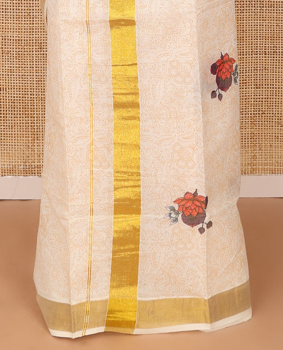 Cream all-over floral printed Kerala mundu set with zari border