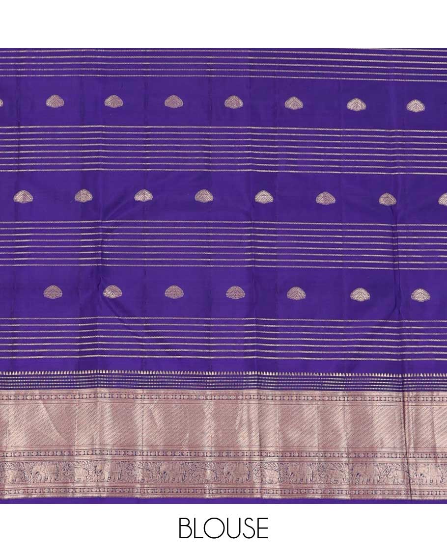 Orange zari design silk saree, contrast border of rekku, Muthu, kathir, rudraksham, and yaanai motifs, and geometric patterned pallu