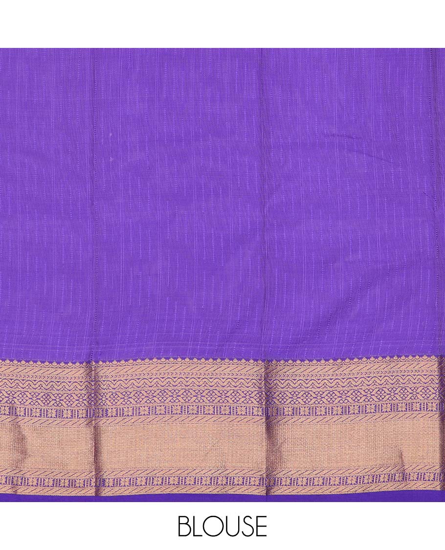 Purple art silk pavadai material, zari design with contrast traditional zari border skirt, and contrast blouse