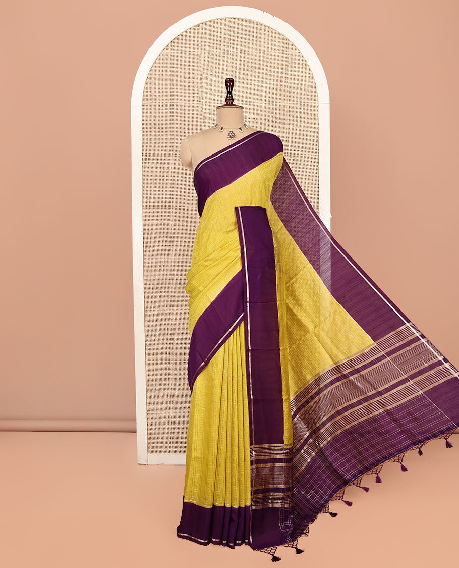 Yellow Checked Assam Silk Saree, Contrast Zari Striped Border, Gleaming Zari-Striped Pallu, and a Contrast Blouse