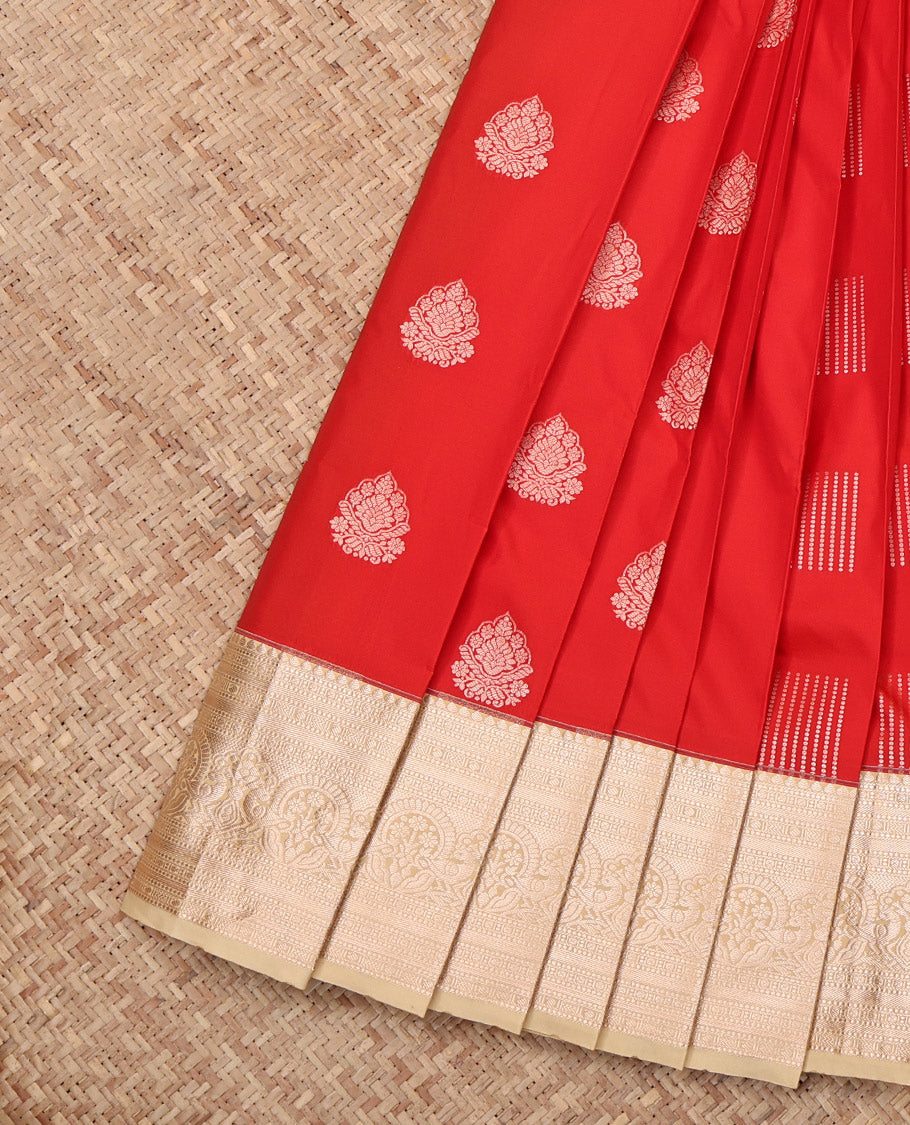 Bright Red Budget Silk Saree, Enthralled with Zari Buttas, Complemented by a Contrast Traditional Zari Border, Grand Pallu, and Contrast Blouse