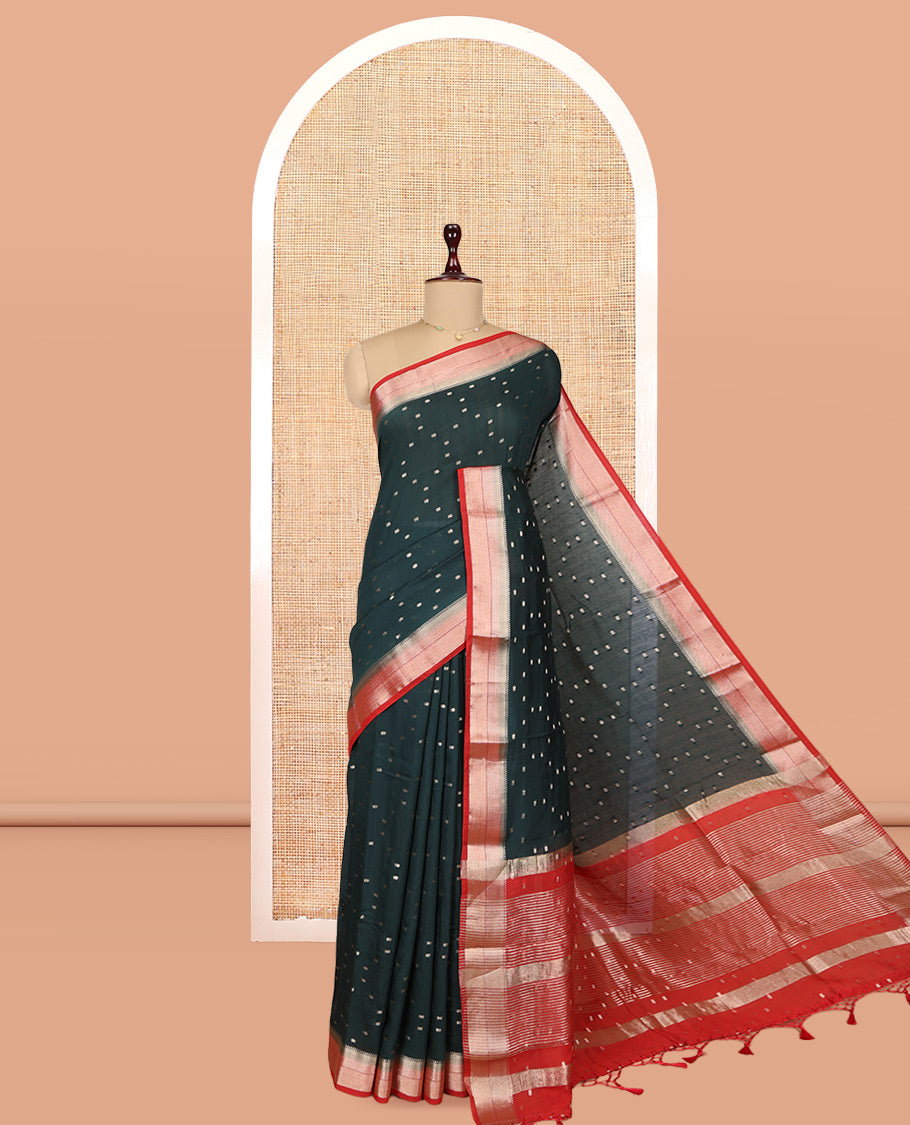 Green Assam Silk Saree, Detailed with Zari Buttas, Complemented by Contrast Zari Border, Zari Woven Pallu, and Contrast Blouse