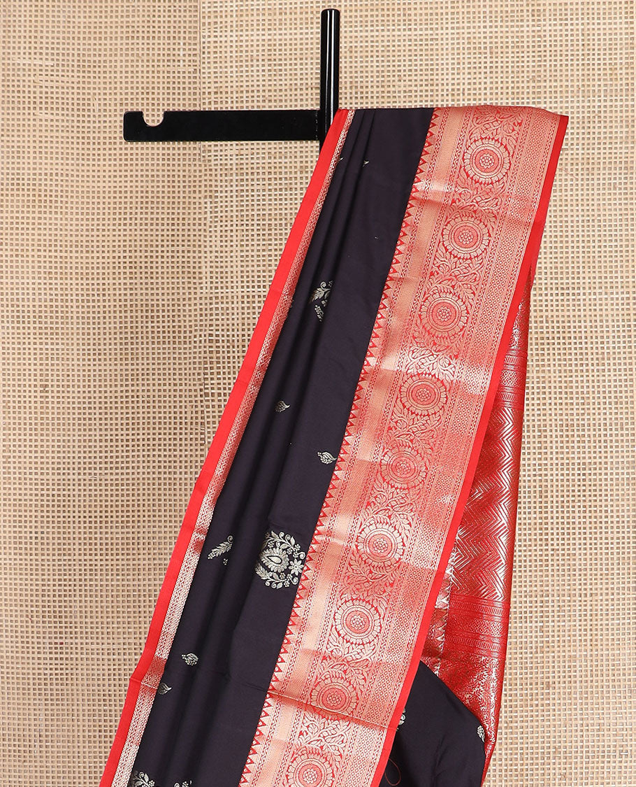 Black zari buttas gift saree, contrast traditional zari design border, and geometric patterned pallu