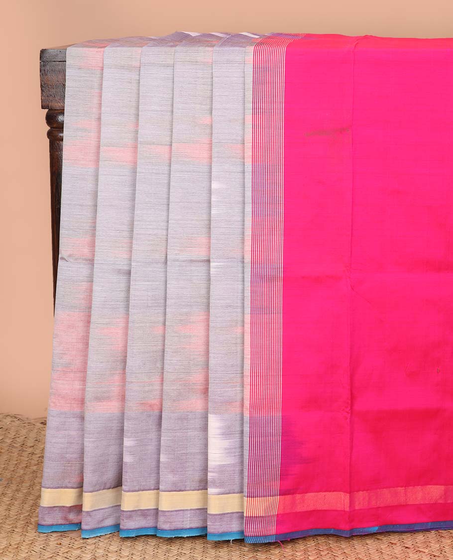 Multi-color ikkat design poly cotton saree, self-border, and contrast striped pallu