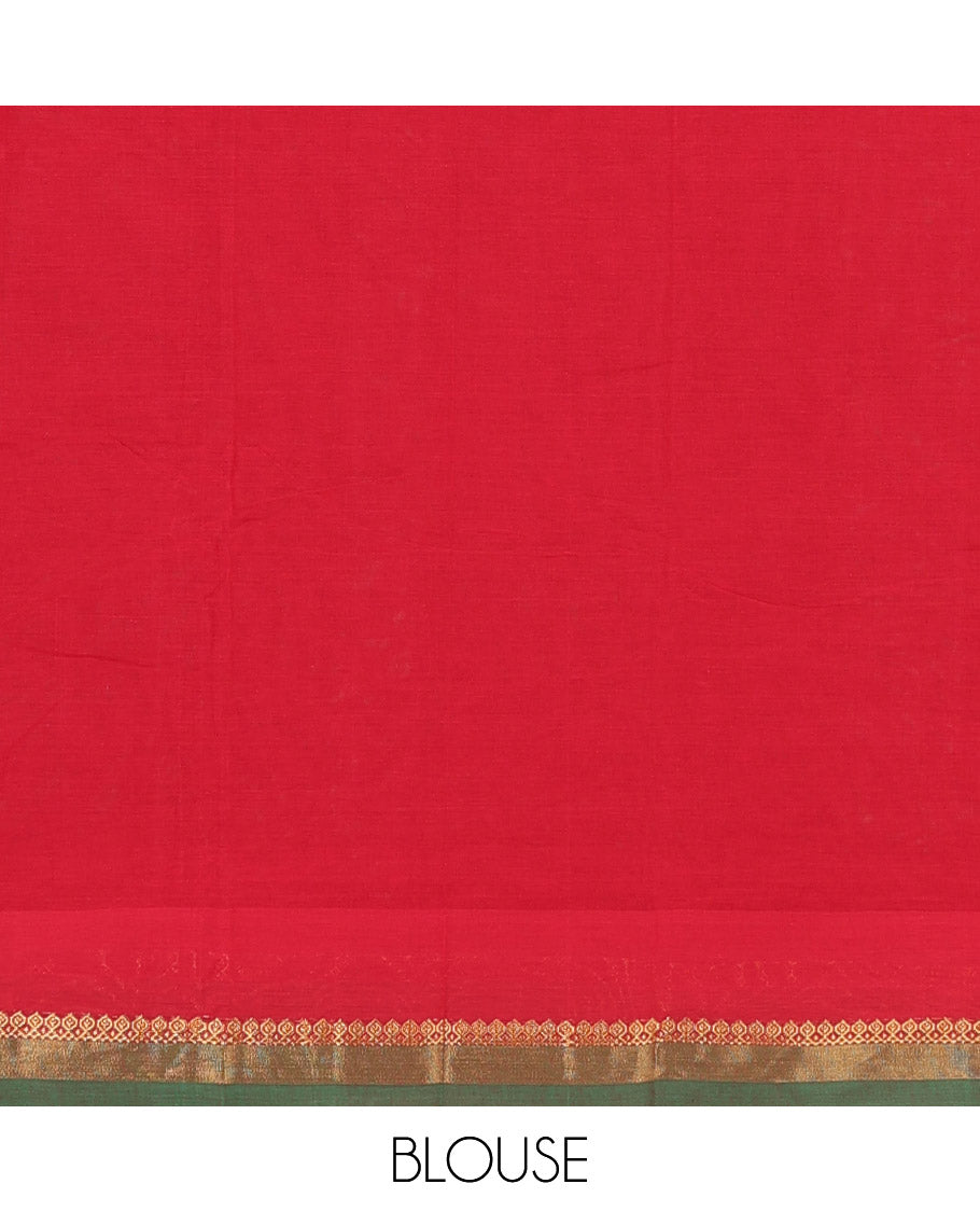 Red unique motifs kanchi cotton saree, contrast zari border, and pallu of circle and manga motifs