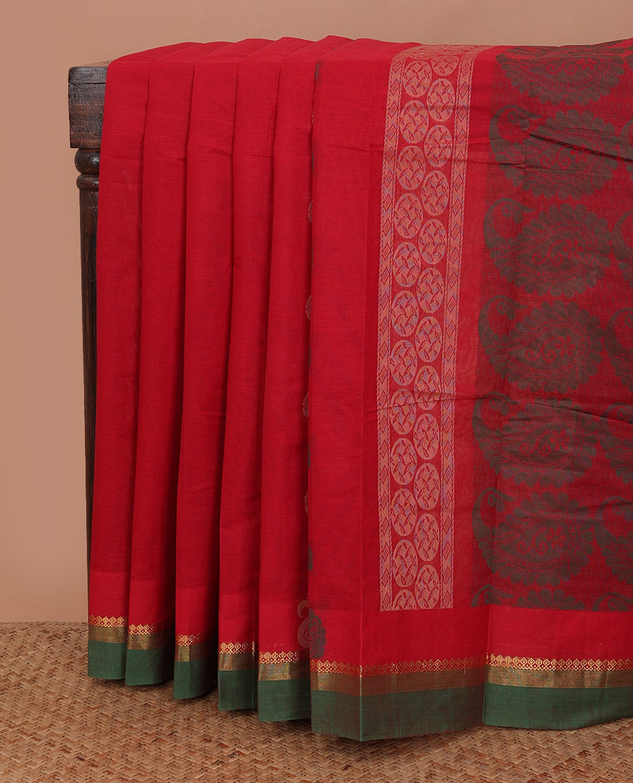 Red unique motifs kanchi cotton saree, contrast zari border, and pallu of circle and manga motifs